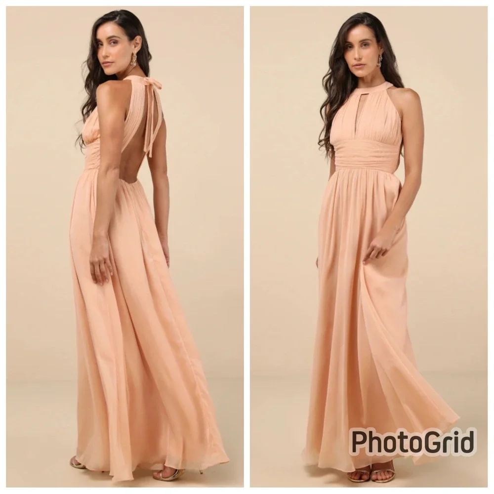 Lulus Sintra Peach Pleated Backless Maxi Dress Size Large